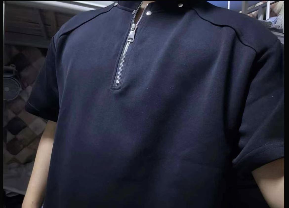 American Style High Street Rivet Half-Zip Padded Shoulder Short-Sleeve T-shirt
