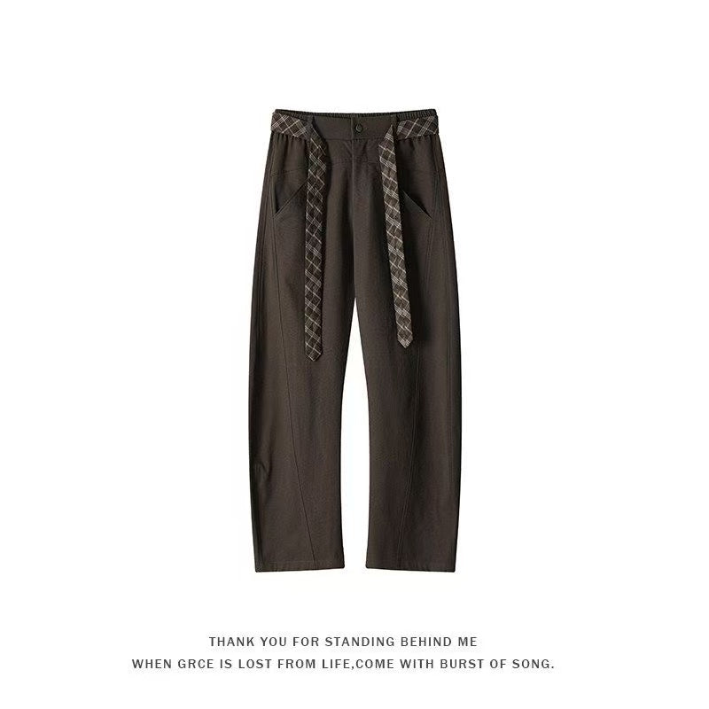 Retro Plaid Ribbon Straight Leg Casual Pants