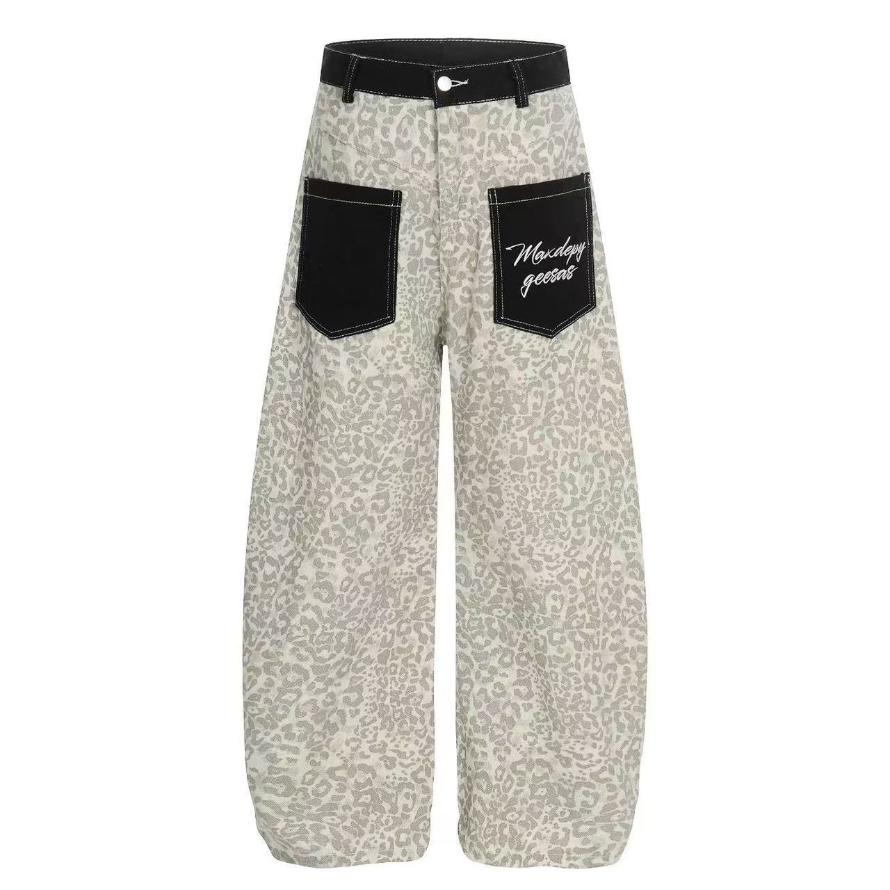 American Retro Leopard Print Curved Denim Pants + Star Short-sleeved Two-piece Set