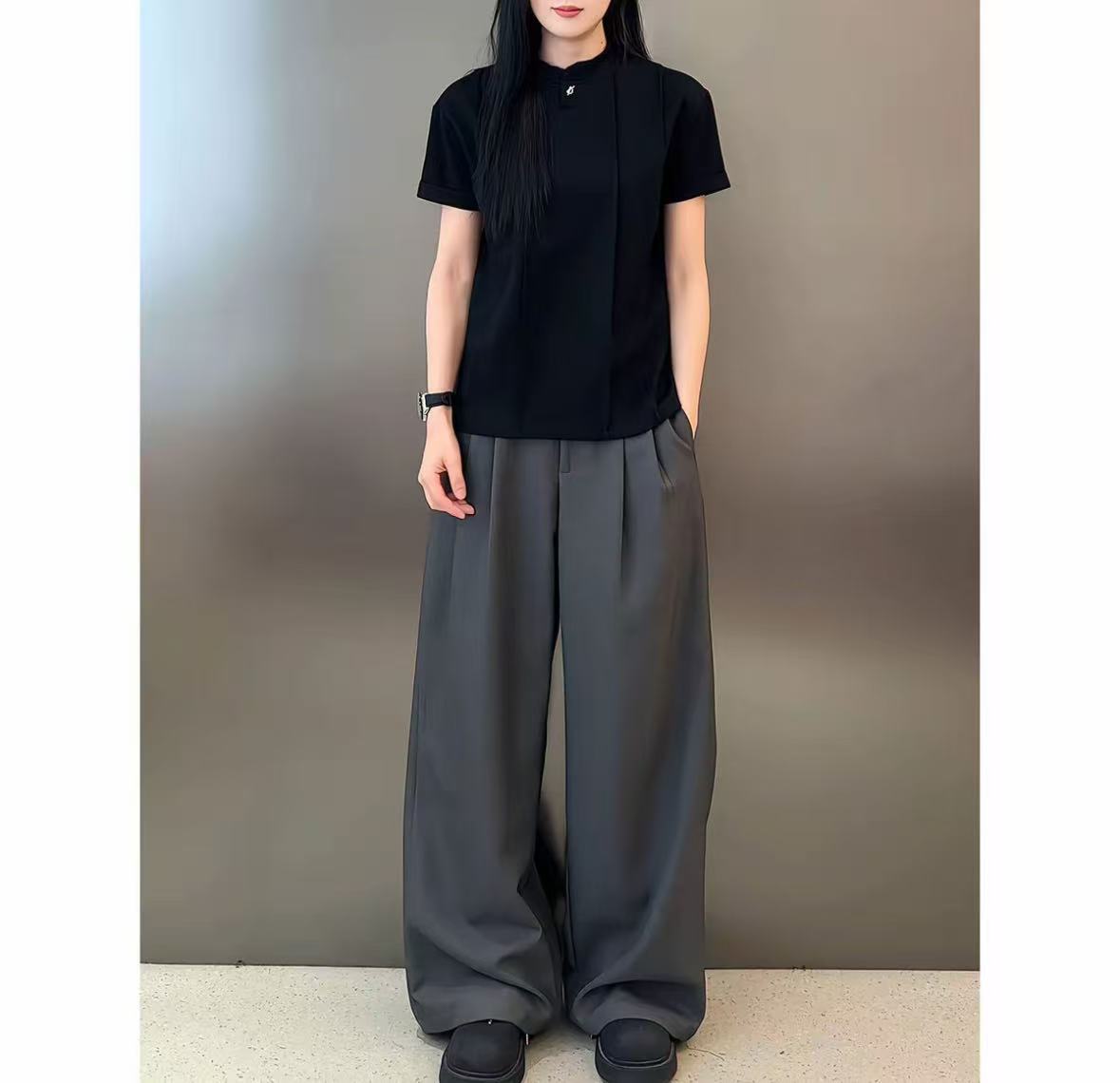 垂墜感打褶闊腿西褲