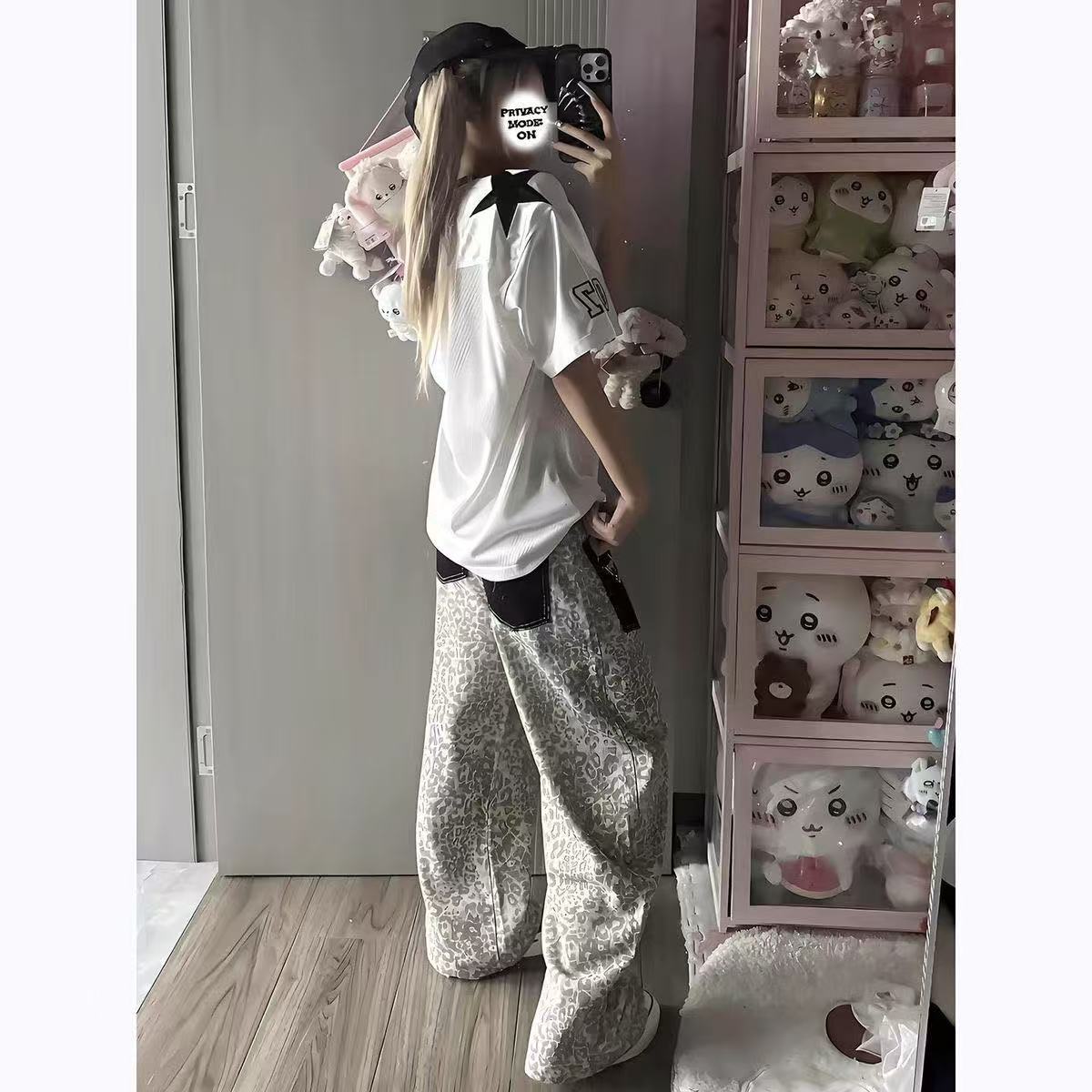 American Retro Leopard Print Curved Denim Pants + Star Short-sleeved Two-piece Set