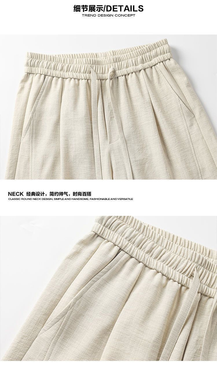 Old-money style hemp wide-leg casual pants