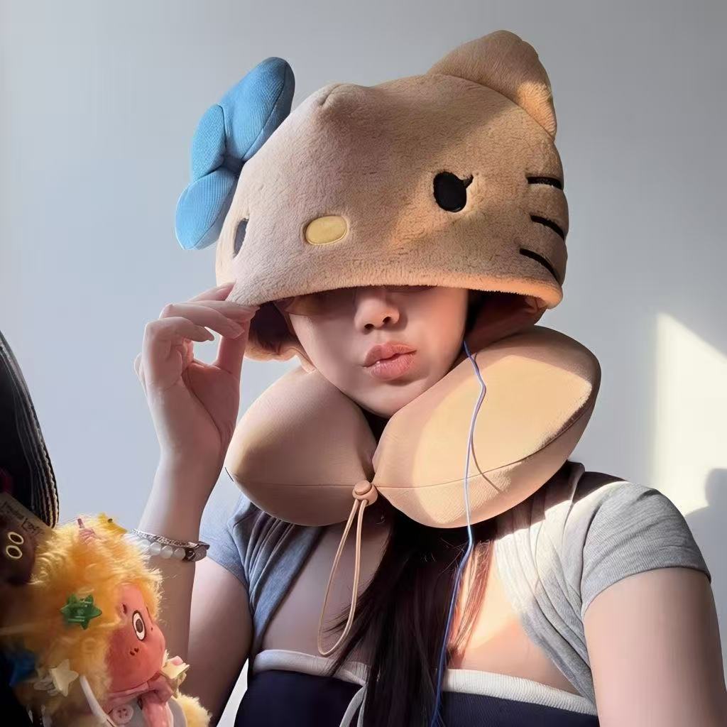 Cute Kitten Cartoon Hooded Neck Pillow