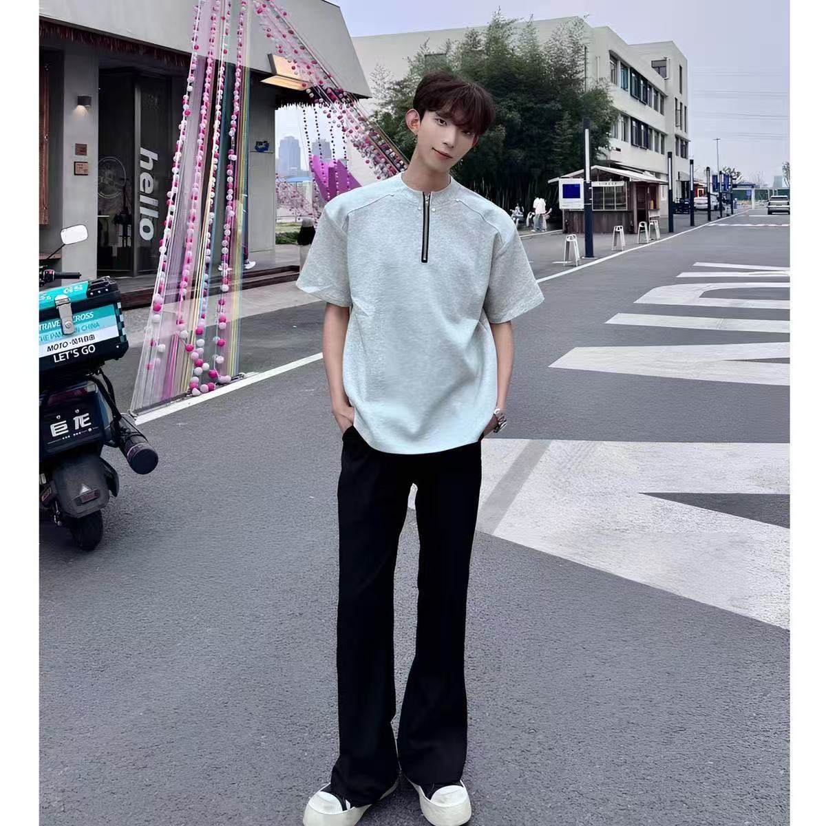 American Style High Street Rivet Half-Zip Padded Shoulder Short-Sleeve T-shirt
