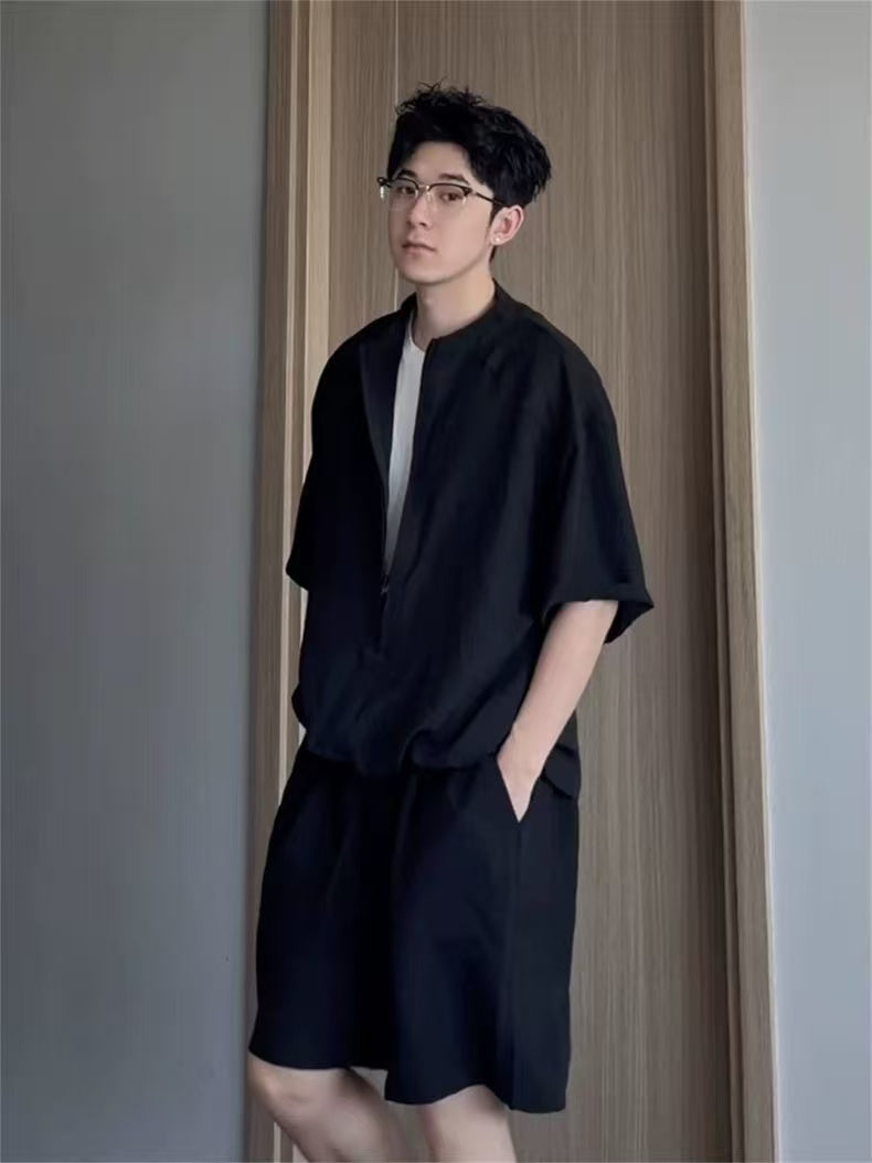 Vintage Style Two-Piece Look Short-Sleeved Shirt for Men (Thin, for Summer) + Casual Knee-Length Shorts (Set)