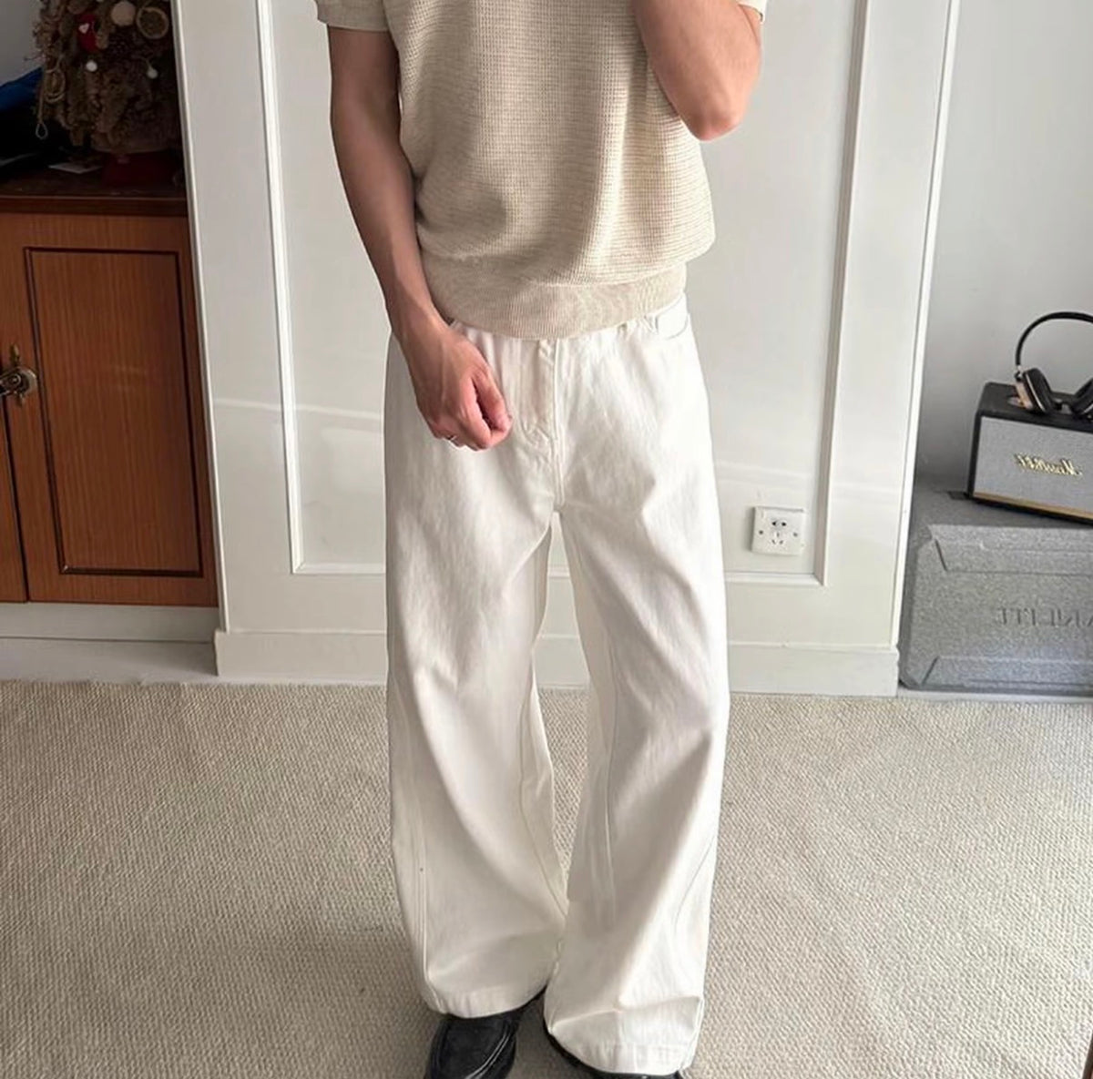 男士直筒寬鬆弧形彎刀休閒褲
