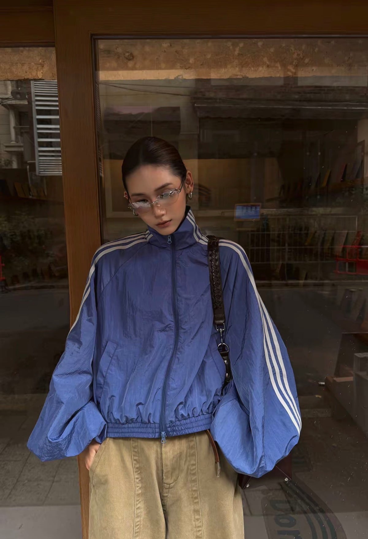 美式三道槓立領短款條紋夾克外套男女同款