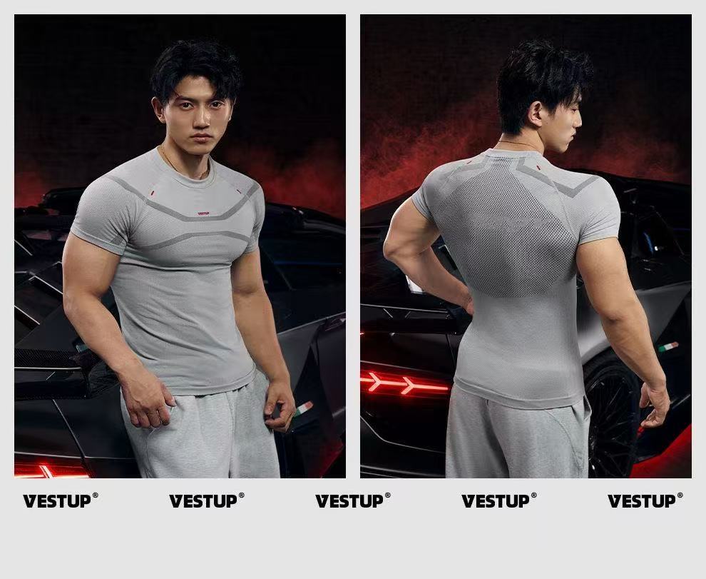 VEST UP【RACING】賽車風碳纖維無縫短袖顯大塑形緊身健身男裝T恤