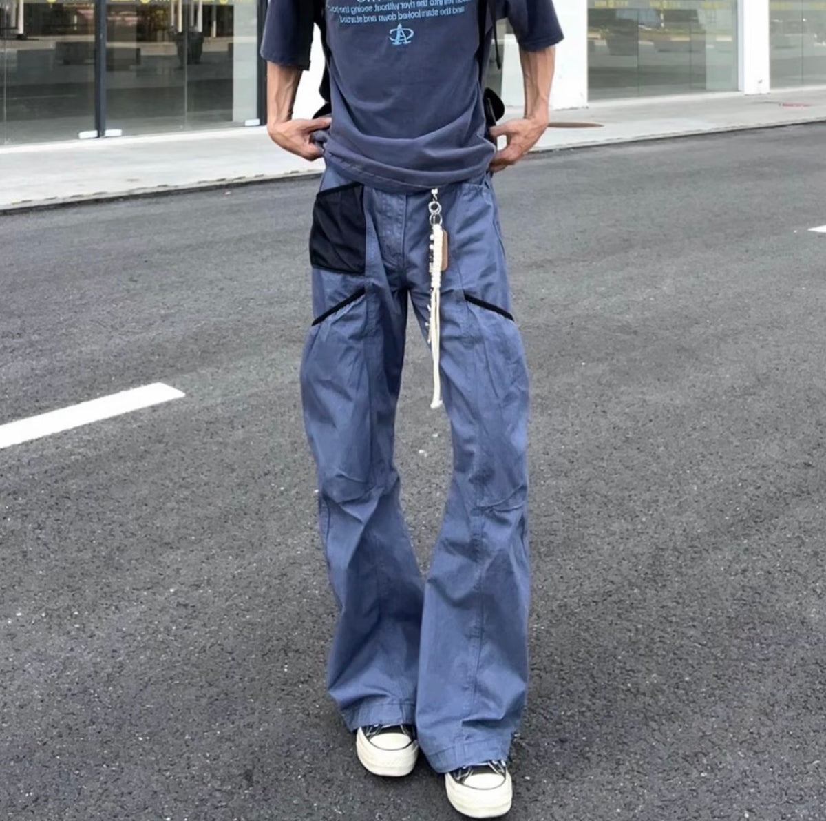 法工藍多口袋工裝褲