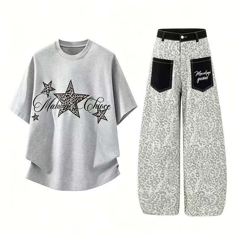 American Retro Leopard Print Curved Denim Pants + Star Short-sleeved Two-piece Set