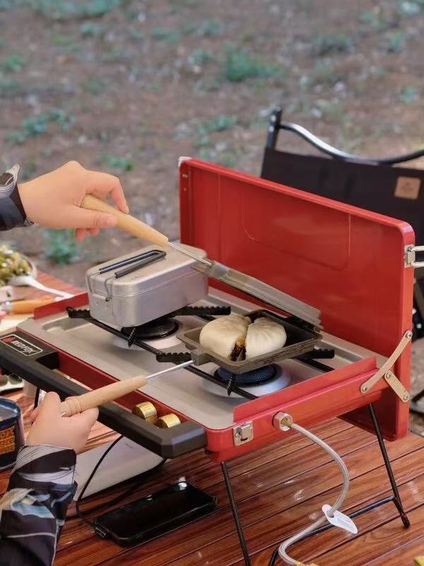 Outdoor gas double-burner stove cassette stove barbecue portable