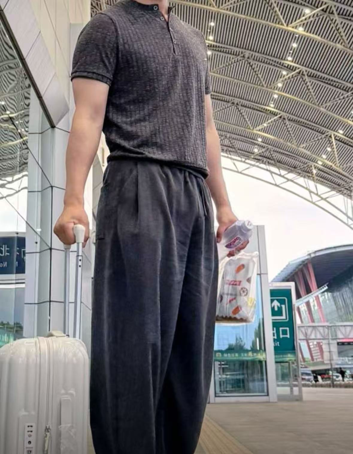 夏季老錢風豎紋亨利領短袖上衣