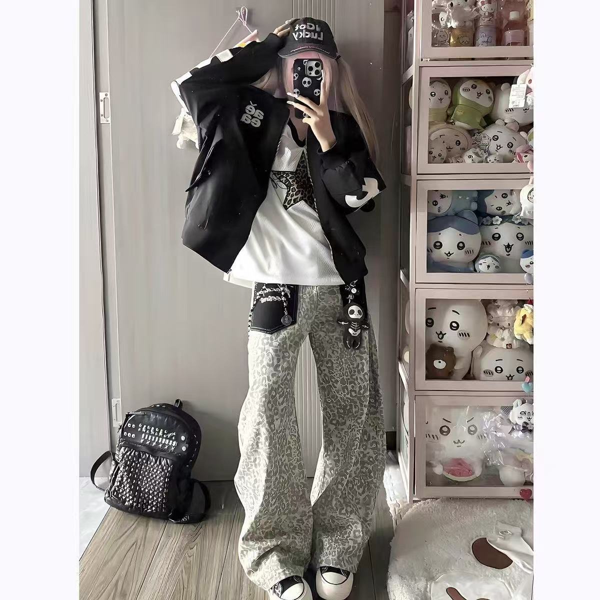 American Retro Leopard Print Curved Denim Pants + Star Short-sleeved Two-piece Set