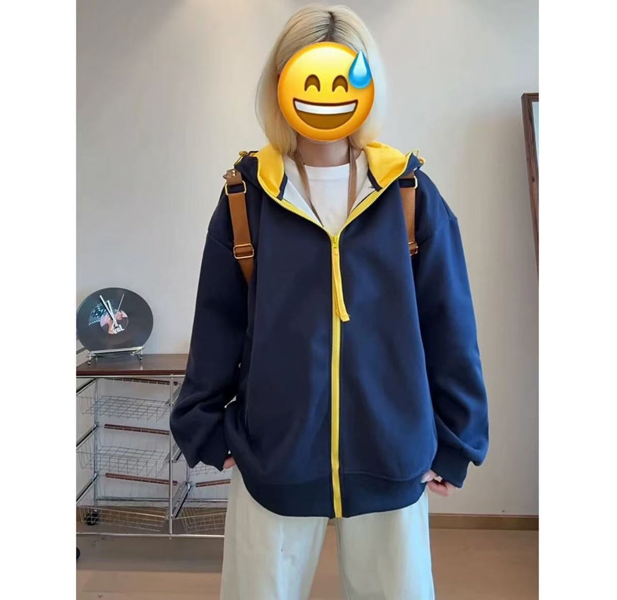 美式復古撞色連帽開衫衛衣