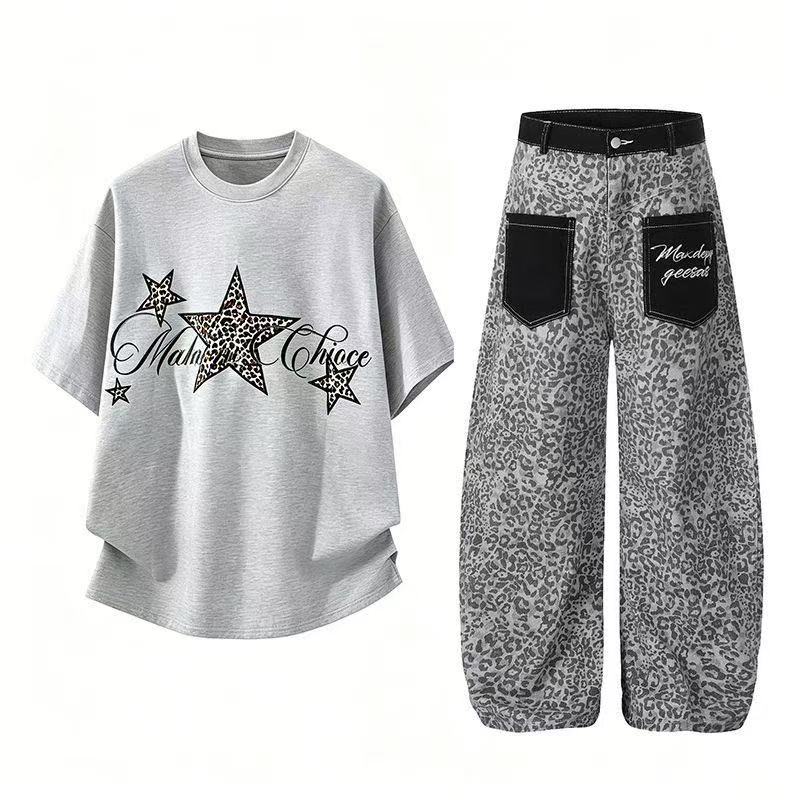 American Retro Leopard Print Curved Denim Pants + Star Short-sleeved Two-piece Set