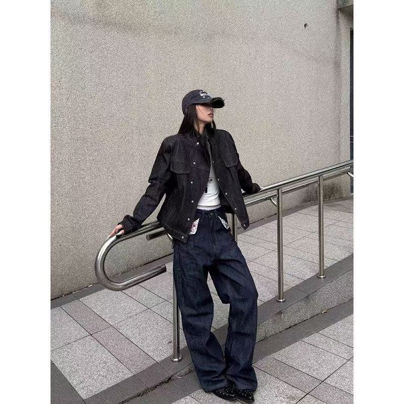 High Street Slant Collar Cropped Denim Jacket American Retro Stand Collar Workwear