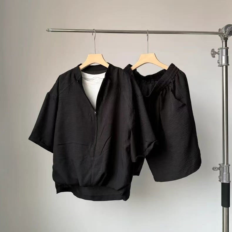 Vintage Style Two-Piece Look Short-Sleeved Shirt for Men (Thin, for Summer) + Casual Knee-Length Shorts (Set)