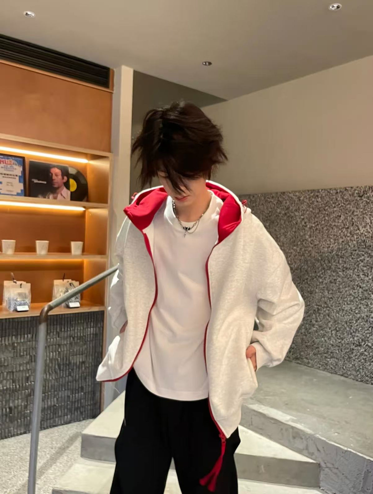 美式復古撞色連帽開衫衛衣