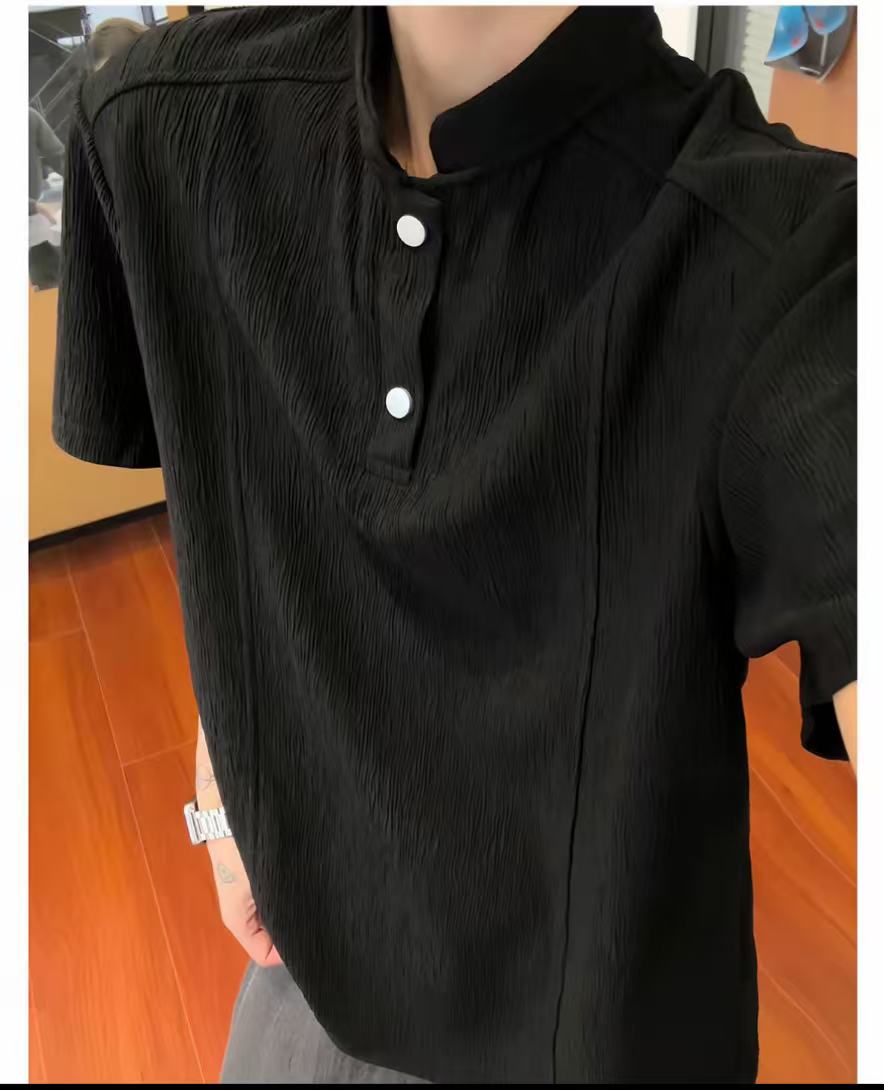 老錢風樹皮紋肌理亨利領高級感短袖T恤