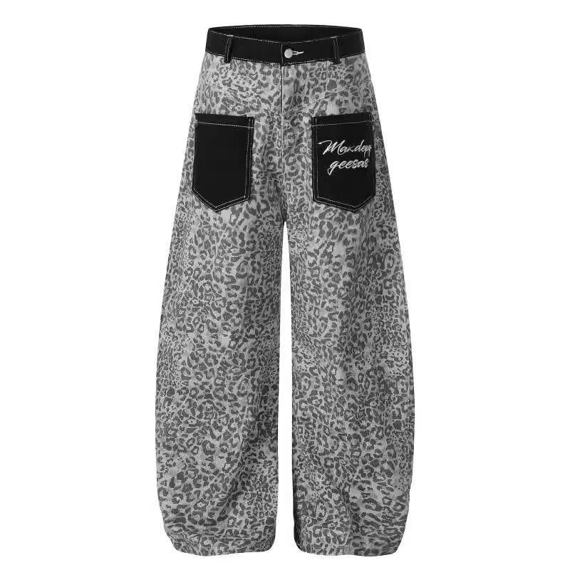 American Retro Leopard Print Curved Denim Pants + Star Short-sleeved Two-piece Set