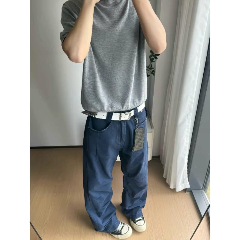 法工藍美式高街褶皺水洗cleanfit工裝褲