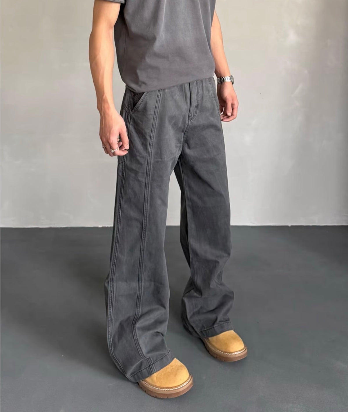 American retro vintage washed loose straight-leg jeans
