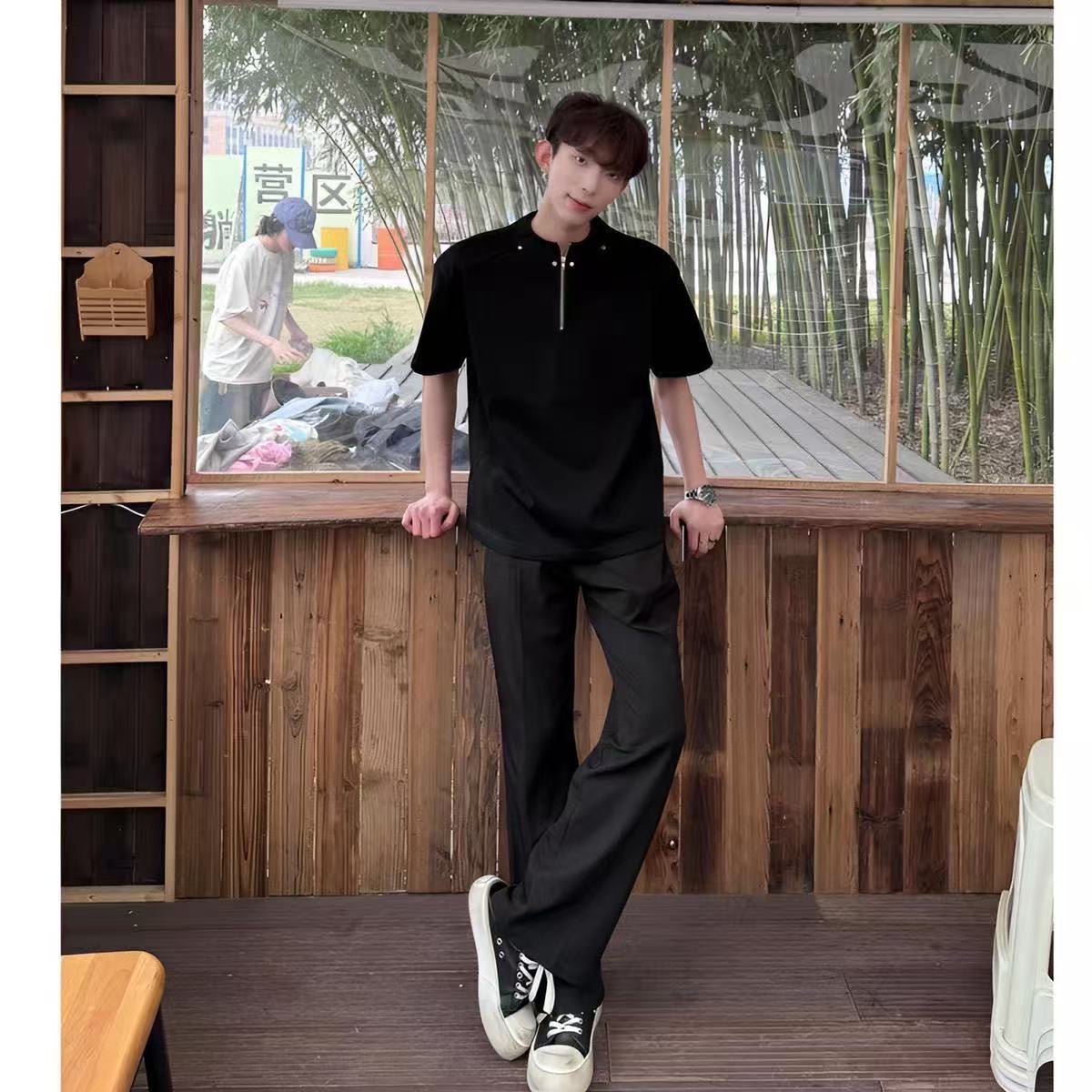 American Style High Street Rivet Half-Zip Padded Shoulder Short-Sleeve T-shirt