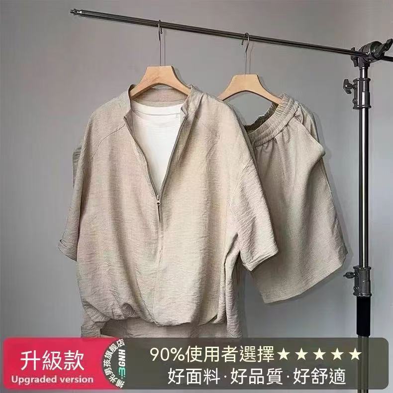 Vintage Style Two-Piece Look Short-Sleeved Shirt for Men (Thin, for Summer) + Casual Knee-Length Shorts (Set)