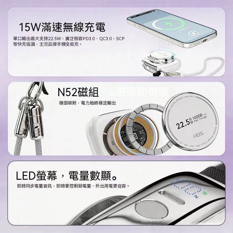 七合一磁吸行動電源 自帶插頭伸縮線可上飛機便攜快充行動電源