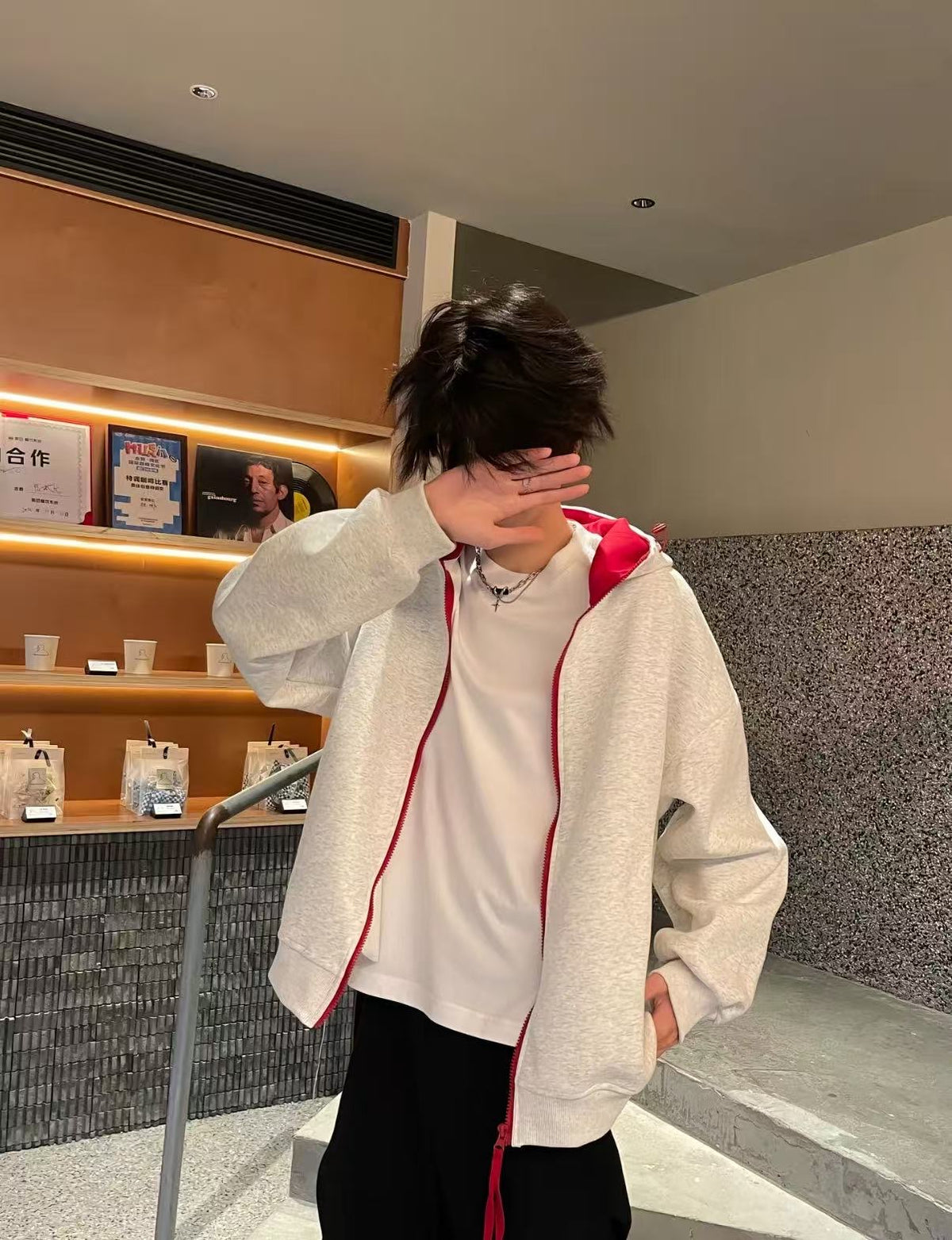 美式復古撞色連帽開衫衛衣