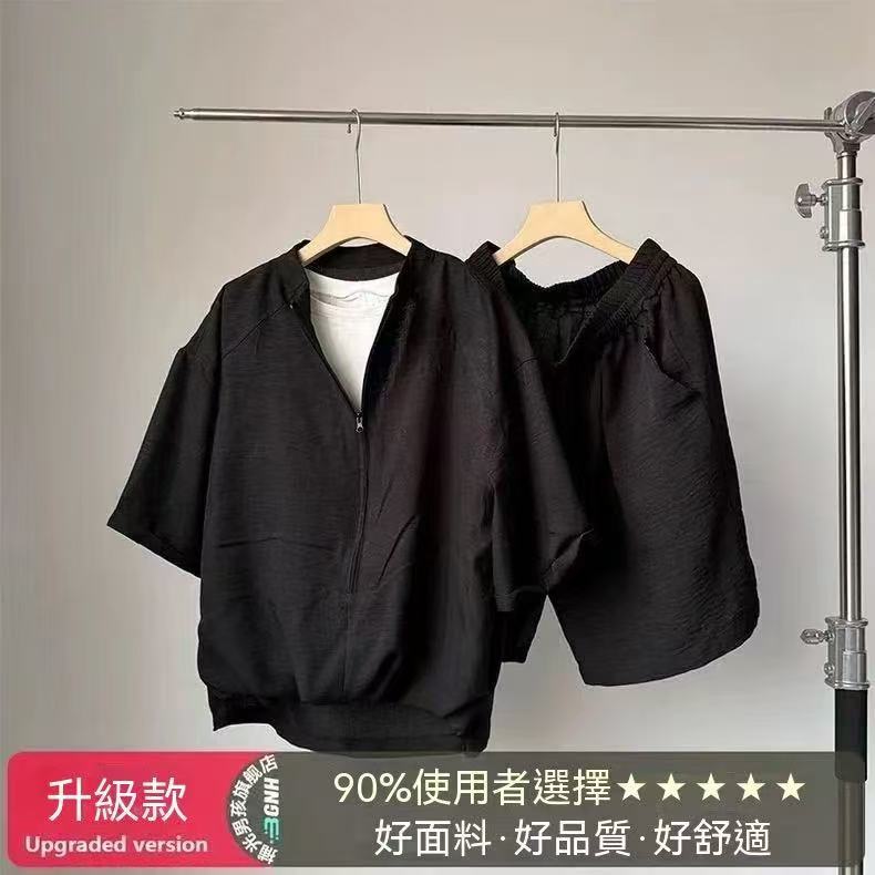 Vintage Style Two-Piece Look Short-Sleeved Shirt for Men (Thin, for Summer) + Casual Knee-Length Shorts (Set)