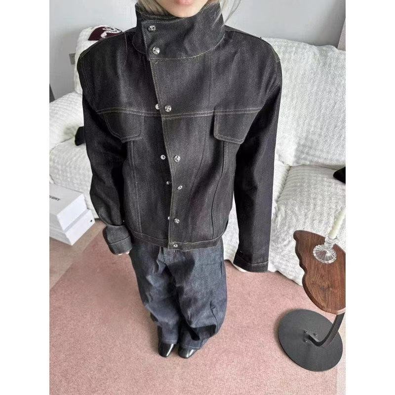 High Street Slant Collar Cropped Denim Jacket American Retro Stand Collar Workwear