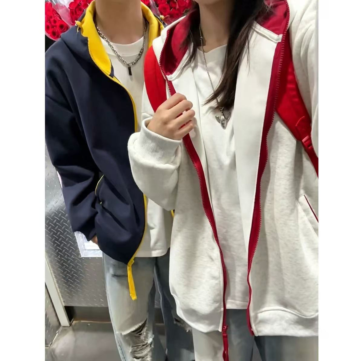 美式復古撞色連帽開衫衛衣